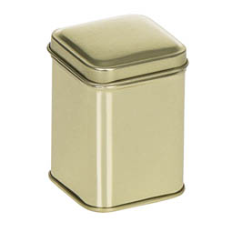 Vogelfutterdosen: Traditionelle Dose für ca. 25 Gramm Tee; quadratische Stülpdeckeldose, goldfarben,  aus Weißblech.