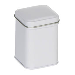Vorratsbehälter: Traditionelle Dose für ca. 25 Gramm Tee; quadratische Stülpdeckeldose, weiß, aus elektrolytischem Weißblech.