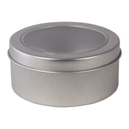 Munitionsdosen: Dose für Seifen Tee und Gewürze; runde Stülpdeckeldose mit Sichtfenster am Deckel aus Weißblech.