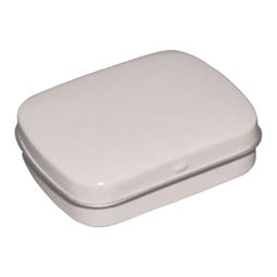 Maskendosen: Pocket tin weiss für Bonbons; rechteckige Scharnierdeckeldose aus elektrolytischem Weißblech.