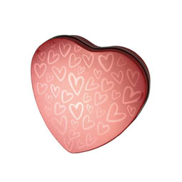 Onze producten: Stülpdeckeldose in Herzform mit modernem Herzchenprint in sanftem Rosa. Ansicht geschlossen