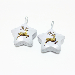 Our products: Christbaumkugel, Weihnachtsbaumschmuck, Weihnachtsdose: Sternform mit Motiv Rentier gold auf weiß. Außenseiten