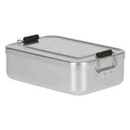 Vorratsbehälter: Lunchbox aus Aluminium mit verschließbarem Deckel.
