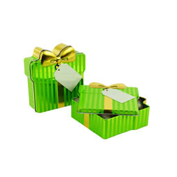 Nepravidelné tvary: Schmuckdose Geschenkdose grün gestreift mit goldener stilisierter Schleife, Weißblechdose halb geöffnet im Vordergrund liegend, zweite geschlossen stehend
