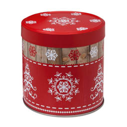 Weihnachtskeksdosen: Lebkuchendose; runde Stülpdeckeldose, rot, bedruckt mit nostalgischem Motiv, aus Weißblech.