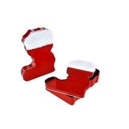 Onze producten: Weihnachtsdosen Nikolausstiefel rot - Sonderform Stiefel - Stülpdeckeldose aus elektrolytischem Weißblech