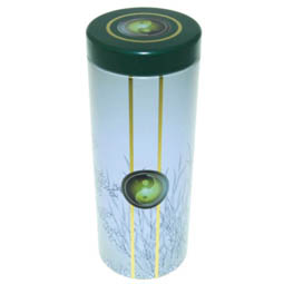 Logodosen: Dose Tee Garden, für Tee; lange, runde Stülpdeckeldose, weiß/grün, bedruckt, dia.65/170 mm, aus Weißblech.