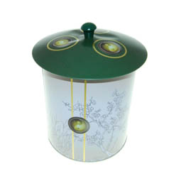 Kombidosen: Dose Tee Garden Maxi, für Tee; große, runde Stülpdeckeldose, weiß/grün, bedruckt, mit Deckelknopf.