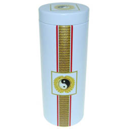 SALE: Dose Yin Yang, für Tee; lange, runde Stülpdeckeldose, weiß, bedruckt, dia. 65/170 mm, aus Weißblech.