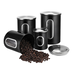 Our products: Vorratsdosen Edelstahl Set, geöffnet und geschlossen, mit Kaffee