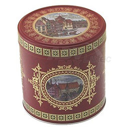 Lebkuchendosen: Lebkuchendose Nürnberg; Dose für Lebkuchen, runde Stülpdeckeldose aus Weißblech, rot mit dekorativem Altstadt-Motiv.