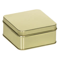 Nähdosen: Geschenkverpackung aus Blech, z.B. für Pralinen; quadratische Stülpdeckeldose, goldfarben, aus Weißblech.