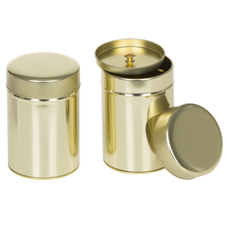 Teedosen: Dose, für ca. 100 Gramm Tee; runde Stülpdeckeldose mit Innendeckel, goldfarben, aus Weißblech.