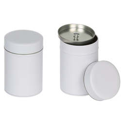 Teedosen: Dose, für ca. 100 Gramm Tee; runde Stülpdeckeldose mit Innendeckel, weiß, aus Weißblech.