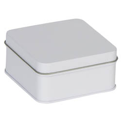 Vorratsdosen: Geschenkverpackung aus Blech, z.B. für Pralinen; quadratische Stülpdeckeldose, weiß, aus Weißblech.