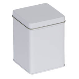 Apothekerdosen: Traditionelle Dose für ca. 100 Gramm Tee; quadratische Stülpdeckeldose, weiß, aus elektrolytischem Weißblech.