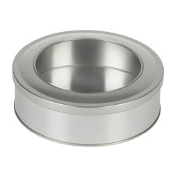 Teedosen: Mittelgroße Dose, ideal für Bonbons und Drops; runde Stülpdeckeldose, silberfarben, mit Sichtfenster aus Weißblech