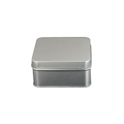 Stülpdeckeldosen: Geschenkverpackung aus Blech, z.B. für Pralinen; quadratische Stülpdeckeldose, silber, aus Weißblech.