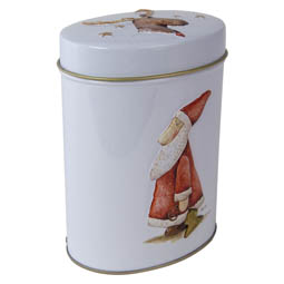 Wachsdosen: X-mas Oval; ovale Stülpdeckeldose aus Weißblech, mit Weihnachtsmotiv.