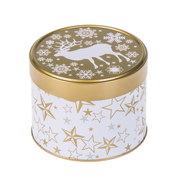 Eindrückdeckeldosen: Weihnachtliche Dose, Weihnachtsmotiv mit Elch; runde Stülpdeckeldose, weiß / goldfarben, aus Weißblech.
