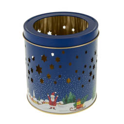 Weihnachten: Teelichtdose blue; runde Stülpdeckeldose aus Weißblech mit ausgestanztem Sternenhimmel.