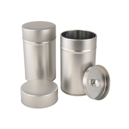 Leere Dosen: Dual Dose für Tee und Gewürze; runde Stülpdeckeldose, aus elektrolytischem Weißblech, mit doppeltem Deckel.