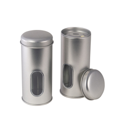 Leere Dosen: Streuer 1-Loch für Gewürze; runde Stülpdeckeldose aus Weißblech, blank mit Sichtfenster und 1-Loch Streueinsatz aus Metall.