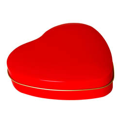Pralinendosen: Herzdose rot, Stülpdeckeldose aus Weißblech in Herzform.