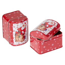 Individuelle Verpackungen: Weihnachtliche Dose, rot, Weihnachtsmotiv mit Weihnachtsmann / Nikolaus; rechteckige Stülpdeckeldose 104x76x80 mm, aus Weißblech.