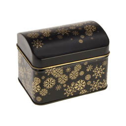 Maskendosen: Weihnachtliche Dose, schwarz, gold, Weihnachtsmotiv mit Schneeflocken, rechteckige Stülpdeckeldose 104x76x80 mm, aus Weißblech.