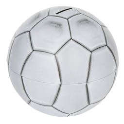 Dosen bestellen: Fußball-Spardose, Kugelförmige Stülpdeckeldose, weiß / schwarz, aus Weißblech.