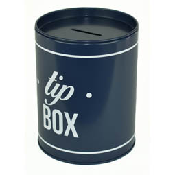 Falzdeckeldosen: Tip Box als Spardose; Blechspardose mit bedruckung aus elektrolytischem Weißblech mit Stülpdeckel und Sparschlitz