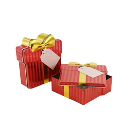 Sonderformen: Schmuckdose Geschenkdose rot gestreift mit goldener stilisierter Schleife, Weißblechdose halb geöffnet im Vordergrund liegend, zweite geschlossen stehend