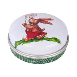 Mintdosen: Hase Korb micro, kleine runde Stülpdeckeldose aus elektrolytischem Weißblech mit Kunststoffinsert.