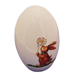Ostern: Osterei-Dose als Geschenkverpackung. Stülpdeckeldose aus Weißblech, Ei stehend, mit Oster-Dekor, Hasen-Motiv.