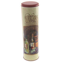 SALE: Dose für Weinflasche, Geschenkverpackung; runde Stülpdeckeldose, bedruckt mit Weinmotiv, aus Weißblech.
