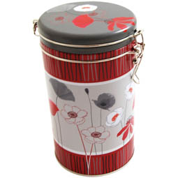 Kaffeeverpackung: Dose für Kaffee, ca.1 Pfund; runde Bügelverschlussdose, bedruckt mit Mohndesign, aus Weißblech.