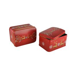 Verpackungsdosen: Elch Truhe rot, Weihnachtsmotiv; rechteckige Stülpdeckeldose, aus Weißblech.