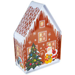 Unsere Bestseller im Shop ADV PAX: Lebkuchenhaus X-mas; Eindrückdeckeldose in Hausform, bedruckt mit Lebkuchenhaus-Motiv, aus Weißblech.