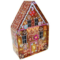 Dosen bestellen: Lebkuchenhaus X-mas; Eindrückdeckeldose in Hausform, bedruckt mit Lebkuchenhaus-Motiv, aus Weißblech.