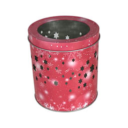 Weihnachtskeksdosen: Teelichtdose Traum; runde Stülpdeckeldose aus Weißblech mit ausgestanztem Sternenhimmel.