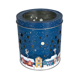 Süßigkeitendosen: Teelichtdose Winter night; runde Stülpdeckeldose aus Weißblech mit ausgestanztem Sternenhimmel.