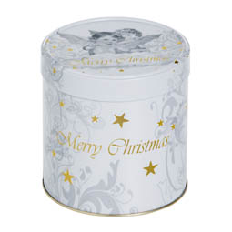 Lebkuchendosen: Dose für Weihnachten. Runde Stülpdeckeldose aus Weißblech mit Weihnachtsmotiv und Aufdruck „Merry Christmas“.