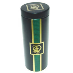 Teebeutelboxen: Dose Tee Dragon, für Tee; lange, runde Stülpdeckeldose , grün, bedruckt, Drachenmotiv, aus Weißblech.