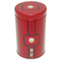 SALE: Dose Red Sun, für Tee; kleinere, runde Stülpdeckeldose, rot, bedruckt, dia. 60/102 mm, aus Weißblech.