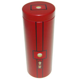 SALE: Dose Red Sun, für Tee; lange, runde Stülpdeckeldose, rot, bedruckt, dia. 65/170 mm, aus Weißblech.