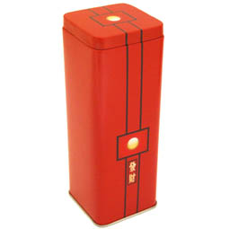 SALE: Tee Red Sun, Dose für Tee; lange, quadratische Stülpdeckeldose, rot, bedruckt mit Red Sun Motiv, aus Weißblech.