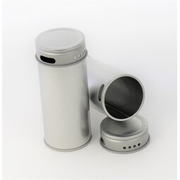 Vorratsdosen: runde Stülpdeckeldose 40/90 mm mit Streulöcher am Rumpf und Deckel aus elektrolytischem Weißblech