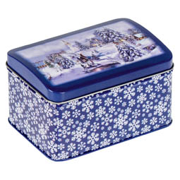 Individuelle Verpackungen: Weihnachtliche Dose, blau, Weihnachtsmotiv mit Winterlandschaft; rechteckige Stülpdeckeldose, aus Weißblech.